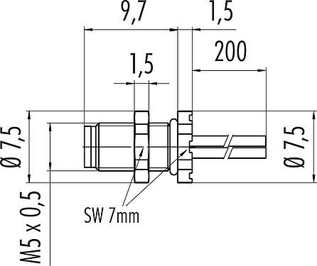 Dessin coté M5 Embase mâle, Contacts: 3, non blindé, fils, IP67, M5x0,5, Montage mural arrière, coulé