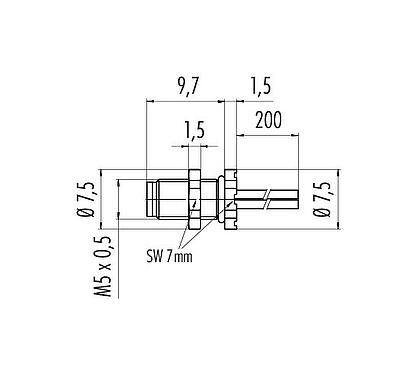 Scale drawing 76 8105 1117 00004-0200 - M5 Male panel mount connector, Contacts: 4, unshielded, single wires, IP67, UL 2238, M5x0.5, Rear mounting