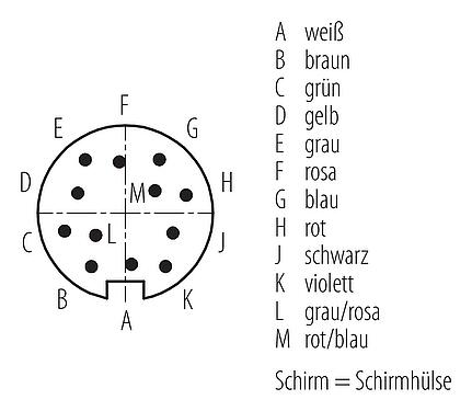 Polbild (Steckseite) M16 Kabelstecker, Polzahl: 12, geschirmt, am Kabel angespritzt, IP67, PUR, schwarz, 12 x 0,25 mm², 2 m