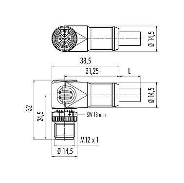 Scale drawing M12 Male angled connector, Contacts: 5, shielded, moulded on the cable, IP68, UL 2238, CAN-Bus, PUR, violet, 1 x 2 x AWG 22 + 1 x 2 x AWG 24, 5 m