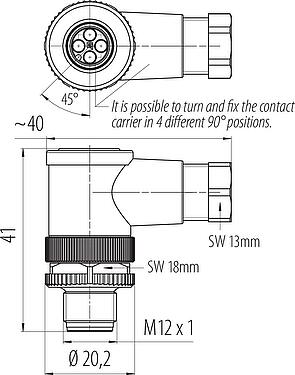 스케일 드로잉 M12 각진 플러그, 콘택트 렌즈: 4, 4.0-6.0mm, 차폐되지 않음, 크림프(크림프 접점은 별도로 주문해야 함), IP67, UL 2238