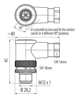 Méretarányos rajz M12 derékszögű csatlakozó, : 4, 4,0-6,0 mm, árnyékolatlan, krimpelés (a krimpelő érintkezőket külön kell rendelni), IP67, UL 2238