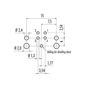 Conductor layout 99 3431 601 04 - M12 Male angled panel mount connector, Contacts: 4, shieldable, THR, IP68, UL 2238, for PCB assembly