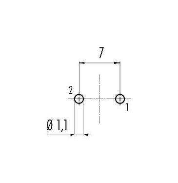 Leiterplattenlayout 09 0103 99 02 - M16 Flanschstecker, Polzahl: 2 (02-a), ungeschirmt, THT, IP67, UL, von vorne verschraubbar