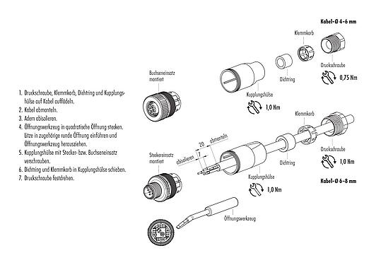Montageanleitung M12 Kabelstecker, Polzahl: 4, 6,0-8,0 mm, ungeschirmt, Käfigzugfeder, IP67