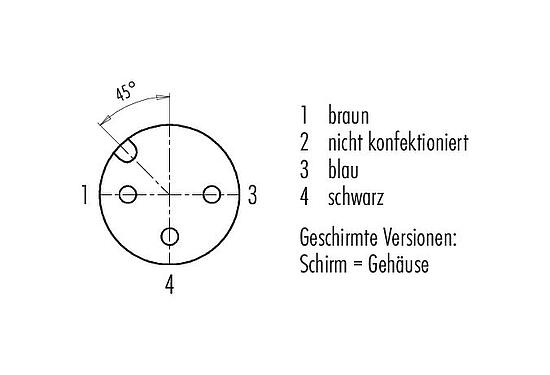 Polbild (Steckseite) M12 Kabeldose, Polzahl: 3, geschirmt, am Kabel angespritzt, IP67, UL 2238, PUR, schwarz, 3 x 0,34 mm², 2 m