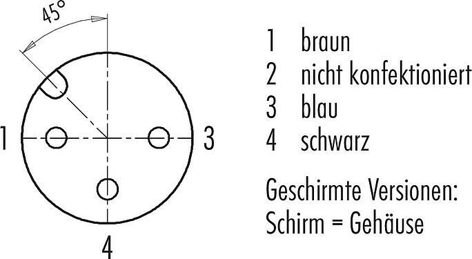 Polbild (Steckseite) M12 Kabeldose, Polzahl: 3, geschirmt, am Kabel angespritzt, IP67, UL 2238, PVC, grau, 3 x 0,34 mm², 5 m