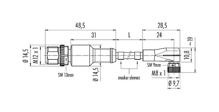 Dessin coté M12/M8 Connecteur mâle - connecteur d‘angle femelle, Contacts: 4, non blindé, surmoulé sur le câble, IP67/IP69K, UL 2238, PUR, noir, 4 x 0,34 mm², 2 m