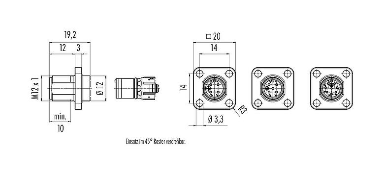 Maßzeichnung 99 3433 200 04 - M12 Vierkant-Flanschstecker, Polzahl: 4, ungeschirmt, UL 2238, Kodierungsausrichtung positionierbar