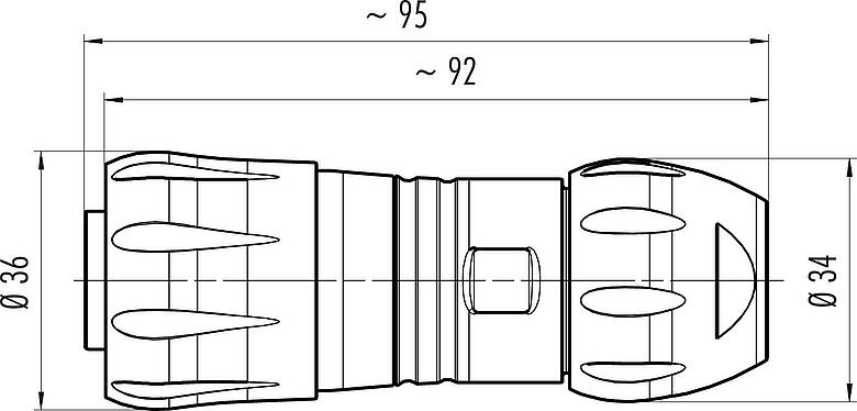 Dibujo a escala Bayoneta Conector de cable hembra, Número de contactos: 4+3+PE, 7,0-17,0 mm, sin blindaje, crimpado (los contactos de crimpado deben pedirse por separado), IP68/IP69K, UL 2238, VDE, UV-Beständig