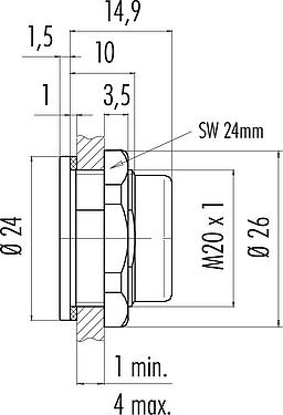 縮尺図 スナップイン アダプタ, 非シールド, VDE, フロントマウント