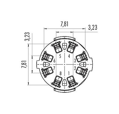 Contact arrangement (Plug-in side) 09 0774 180 08 - Bayonet Female panel mount connector, Contacts: 8, unshielded, solder, IP67 when unplugged as well, front fastened