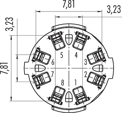Polbild (Steckseite) Bajonett Flanschdose, Polzahl: 8, ungeschirmt, THT, IP67, Frontmontage