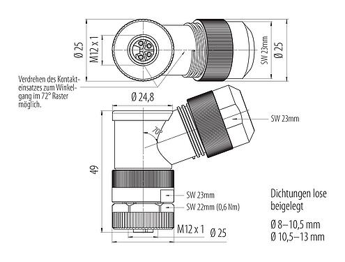 Maßzeichnung M12 Winkeldose, Polzahl: 4, 8,0-13,0 mm, ungeschirmt, schraubklemm, IP67, UL 2238, M12x1,0, für die Spannungsversorgung (Power)