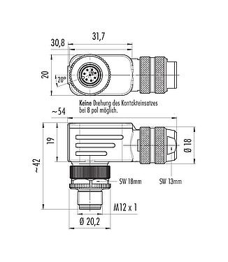 Maßzeichnung M12 Winkelstecker, Polzahl: 8, 6,0-8,0 mm, schirmbar, schraubklemm, IP67, UL 2238, mit Schirmring