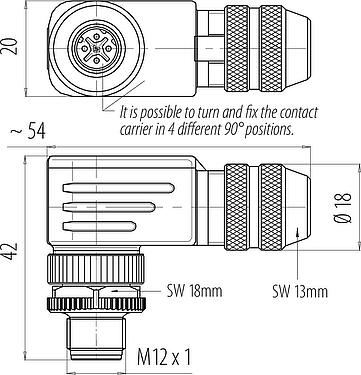 스케일 드로잉 M12 각진 플러그, 콘택트 렌즈: 4, 6.0-8.0mm, 차폐 가능, 나사 클램프, IP67, UL 2238, 차폐 링 포함