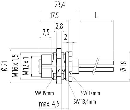 Scale drawing M12 Female panel mount connector, Contacts: 4, unshielded, single wires, IP68, UL 2238, M16x1.5, Rear mounting, potted