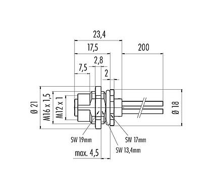 Scale drawing 76 0632 1015 00004-0200 - M12 Female panel mount connector, Contacts: 4, unshielded, single wires, IP68, M16x1.5, front fastened