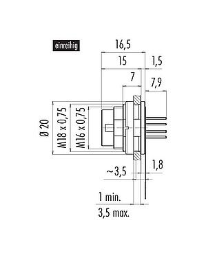 Maßzeichnung 09 0131 65 12 - M16 Flanschstecker, Polzahl: 12 (12-a), ungeschirmt, THT, IP67, von vorne verschraubbar