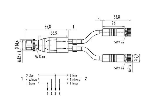 Maßzeichnung M12/M8 Kabelsplitter Kabelstecker - 2 Kabeldosen, Polzahl: 4/3, ungeschirmt, am Kabel angespritzt, IP67, UL 2238, PUR, schwarz, 3 x 0,34 mm², 2 m