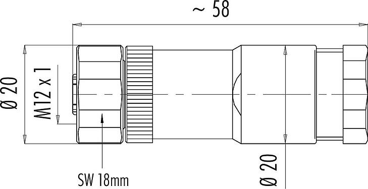 Skalritning M12 Duo-kabeluttag, antal poler: 5, 2.1-3.0 mm (2 Kabel) eller 4-5 mm ( 2 Kabel), oskärmad, skruvkläm, IP67, UL 2238