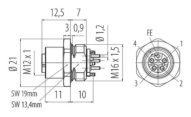 Dessin coté 99 0642 20 05 - M12 Embase femelle, Contacts: 4+FE, non blindé, THR, IP67, UL 2238, M16x1,5, Montage frontal