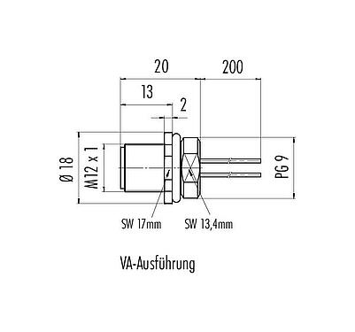 Maßzeichnung M12 Flanschstecker, Polzahl: 4, ungeschirmt, Litzen, IP68, UL 2238, PG 9, Frontmontage, Edelstahl, vergossen