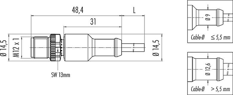 Scale drawing M12 Male cable connector, Contacts: 8, unshielded, moulded on the cable, IP68/IP69K, UL 2238, PVC, grey, 8 x 0.25 mm², 2 m