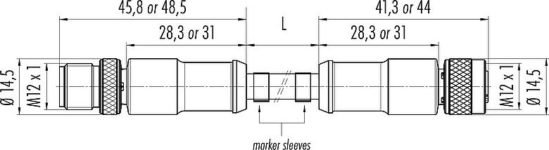 Disegno in scala M12 Cavo di collegamento connettore cavo maschio - connettore cavo femmina, Numero poli: 5, schermato, stampato sul cavo, IP67, UL 2238, PUR, nero, 5 x 0,25 mm², 1 m