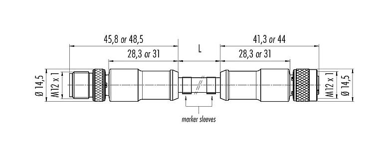 Desenho da escala 77 3530 3529 50705-0100 - M12/M12 Cabo de conexão plugue de cabo - tomada de cabo, Contatos: 5, blindado, moldado no cabo, IP67, UL, PUR, preto, 5 x 0,25 mm², 1 m