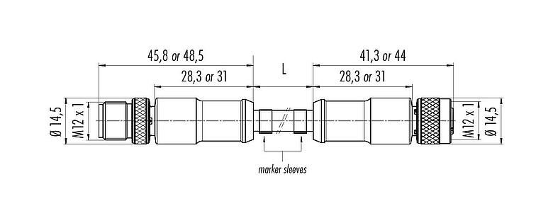 Skalritning 77 3530 3529 50708-0200 - M12/M12 Anslutningskabel kabelplugg - kabeluttag, antal poler: 8, skärmad, fastgjuten på kabeln, IP67, UL, PUR, svart, 8 x 0,25 mm², 2 m