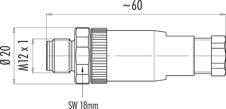 Maßzeichnung M12 Kabelstecker, Polzahl: 4, 6,0-8,0 mm, ungeschirmt, schraubklemm, IP67, UL 2238
