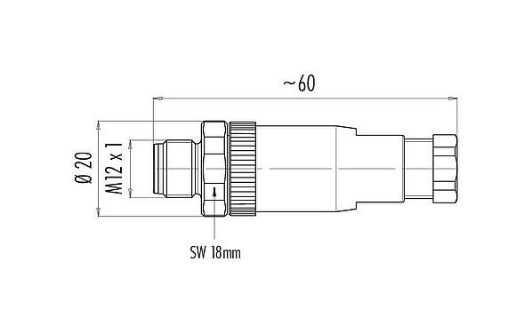 Maßzeichnung M12 Kabelstecker, Polzahl: 5, 4,0-6,0 mm, ungeschirmt, schraubklemm, IP67, UL 2238