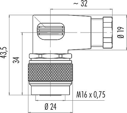 Mittakaavapiirustus M16 Kulmarasia, Napojen määrä: 24, 6,0-8,0 mm, suojaamaton, juotos, IP67