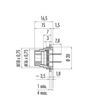 Schaaltekening 09 0331 65 12 - M16 Male panel mount connector, aantal polen: 12 (12-a), onafgeschermd, THT, IP40, aan voorkant verschroefbaar