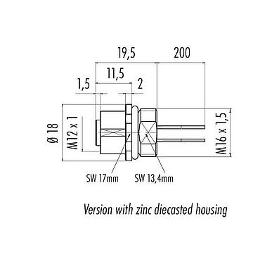 Dessin coté 76 0236 0011 00404-0200 - M12 Embase femelle, Contacts: 4, non blindé, fils, IP67, UL 2238, M16x1,5, Montage frontal