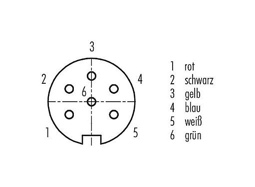 Polbild (Steckseite) 79 6318 200 06 - M16 Winkeldose, Polzahl: 6 (06-a), geschirmt, am Kabel angespritzt, IP67, PUR, schwarz, 6 x 0,25 mm², 2 m