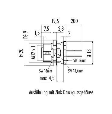 Maßzeichnung M12 Flanschdose, Polzahl: 12, ungeschirmt, Litzen, IP68/IP69K, UL 2238, PG 9, Rückwandmontage