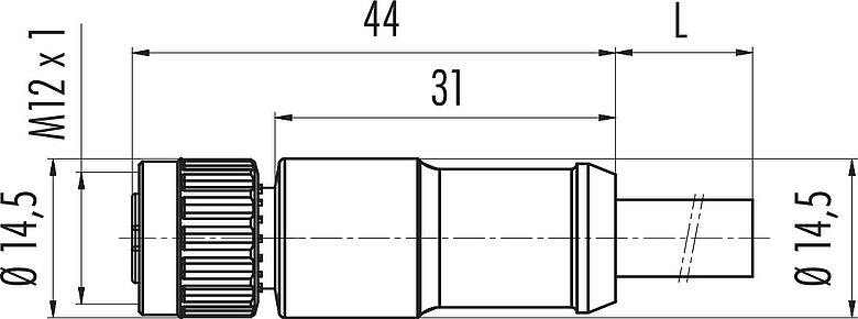 스케일 드로잉 M12 케이블 소켓, 콘택트 렌즈: 2+7, 케이블에 몰딩, IP67, PUR, 검정, 힘: 2x0.75 (AWG 18), 신호l: 7x0.14 (AWG 26), 1.85m