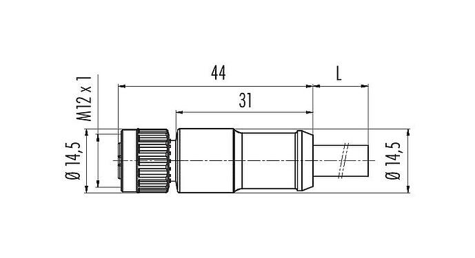 Schaaltekening M12 Kabeldoos, aantal polen: 2+7, aan de kabel aangegoten, IP67, PUR, zwart, Power: 2 x 0,75 (AWG 18), Signaal: 7 x 0,14 (AWG 26), 1,85 m