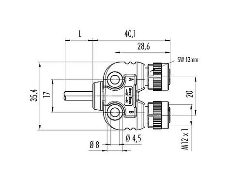 Maßzeichnung M12 Zweifachverteiler, Y-Verteiler, Stecker - 2 Dosen, Polzahl: 4, ungeschirmt, am Kabel angespritzt, IP68, UL 2238, PUR, schwarz, 4 x 0,25 mm², mit LED PNP, 2 m