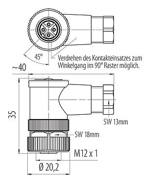 Maßzeichnung M12 Winkeldose, Polzahl: 4, 4,0-6,0 mm, ungeschirmt, schraubklemm, IP67, UL 2238