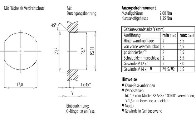Montageanleitung / Montageausschnitt M12 Flanschstecker, Polzahl: 4, ungeschirmt, löten, IP67, PG 11, Frontmontage