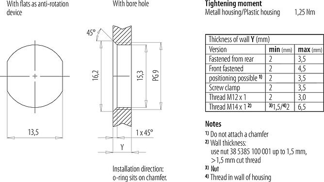 Assembly instructions / Panel cut-out M12 Male panel mount connector, Contacts: 4, shieldable, THT, IP68, UL 2238, PG 9, Rear mounting, potted