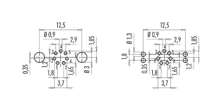 Leiterplattenlayout M9 Flanschdose, Polzahl: 7, schirmbar, THT, IP67, M12x0,5, Rückwandmontage, vergossen