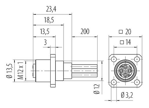 Desenho da escala M12 Soquete com flange quadrado, Contatos: 4, desprotegido, fios simples, IP40, UL 2238, M3 (4x), Montagem frontal