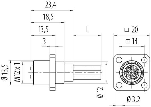 Scale drawing M12 Square female panel mount connector, Contacts: 4, unshielded, single wires, IP40, UL 2238, M3 (4x), Front mounting, potted