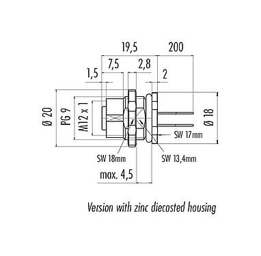 Schaaltekening M12 Female panel mount connector, aantal polen: 4, onafgeschermd, draden, IP68, UL 2238, PG 9, Achterwandmontage