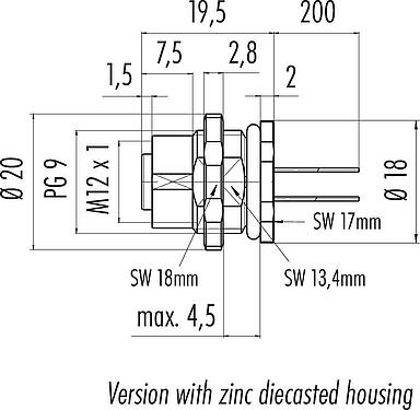 Schaaltekening M12 Female panel mount connector, aantal polen: 5, onafgeschermd, draden, IP68, UL 2238, PG 9, Achterwandmontage