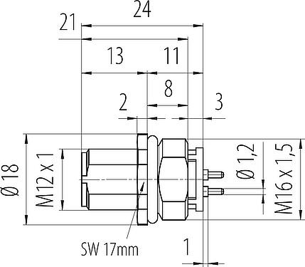 Bản vẽ tỷ lệ M12 Phích cắm gắn bảng, Số lượng cực : 4, không có chống nhiễu, THR, IP68, UL 2238, M16x1,5, Gắn phía trước